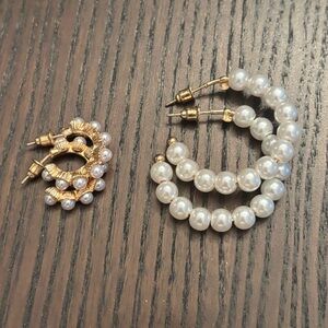 Set of 2 Faux Pearl and Gold Hoop Earrings NWOT